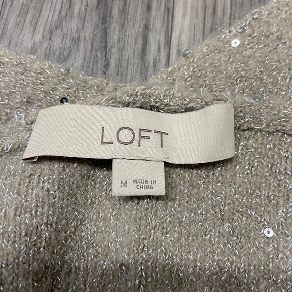 ANN TAYLOR LOFT V-Neck Pullover Tan Sequin Knit Sweater Women's Size Medium - Picture 6 of 11